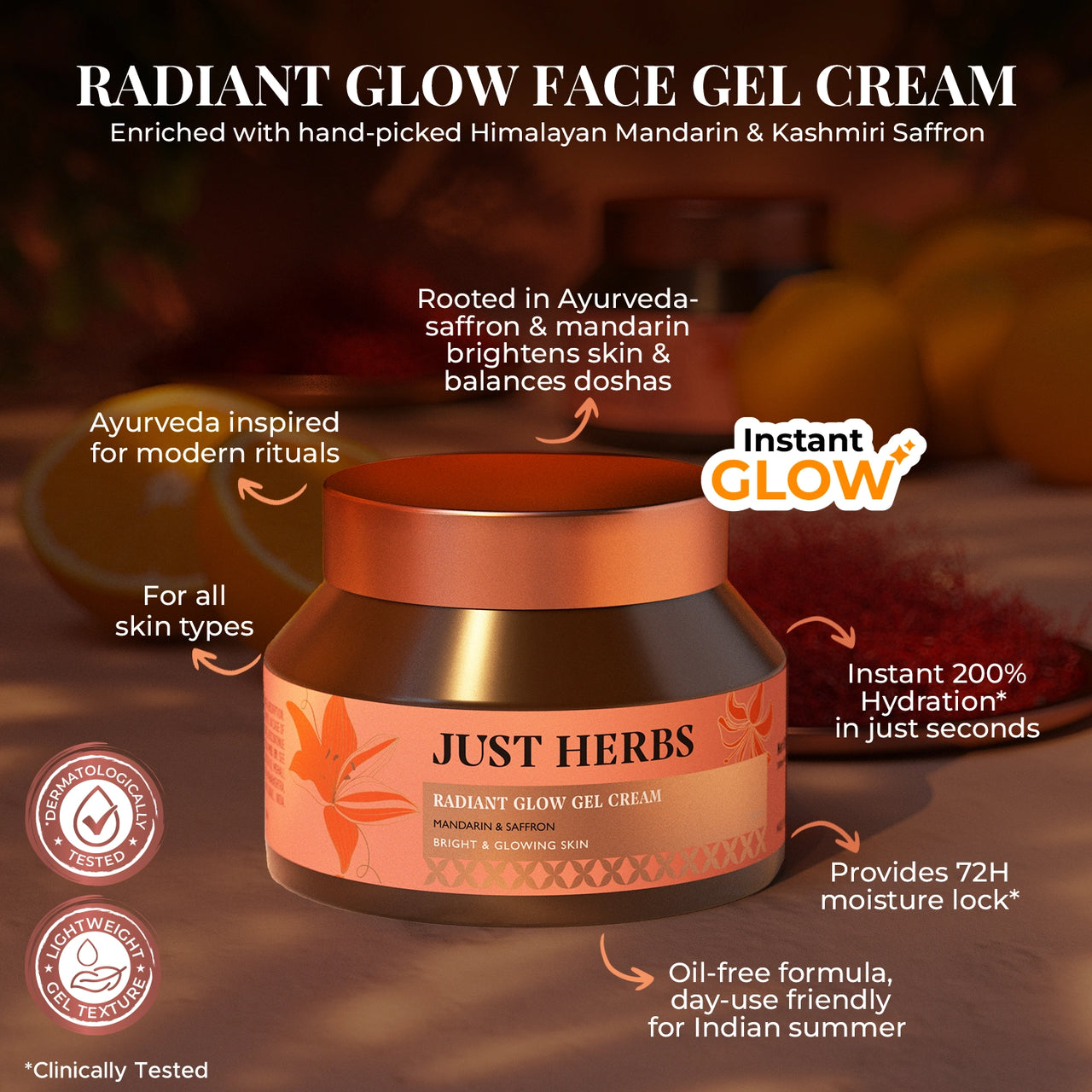 Just Herbs Radiant Glow Face Gel Cream with Mandarin & Saffron - 50ml