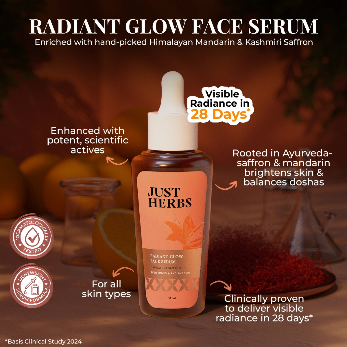 Just Herbs Radiant Glow Face Serum with Mandarin & Saffron - 30ml