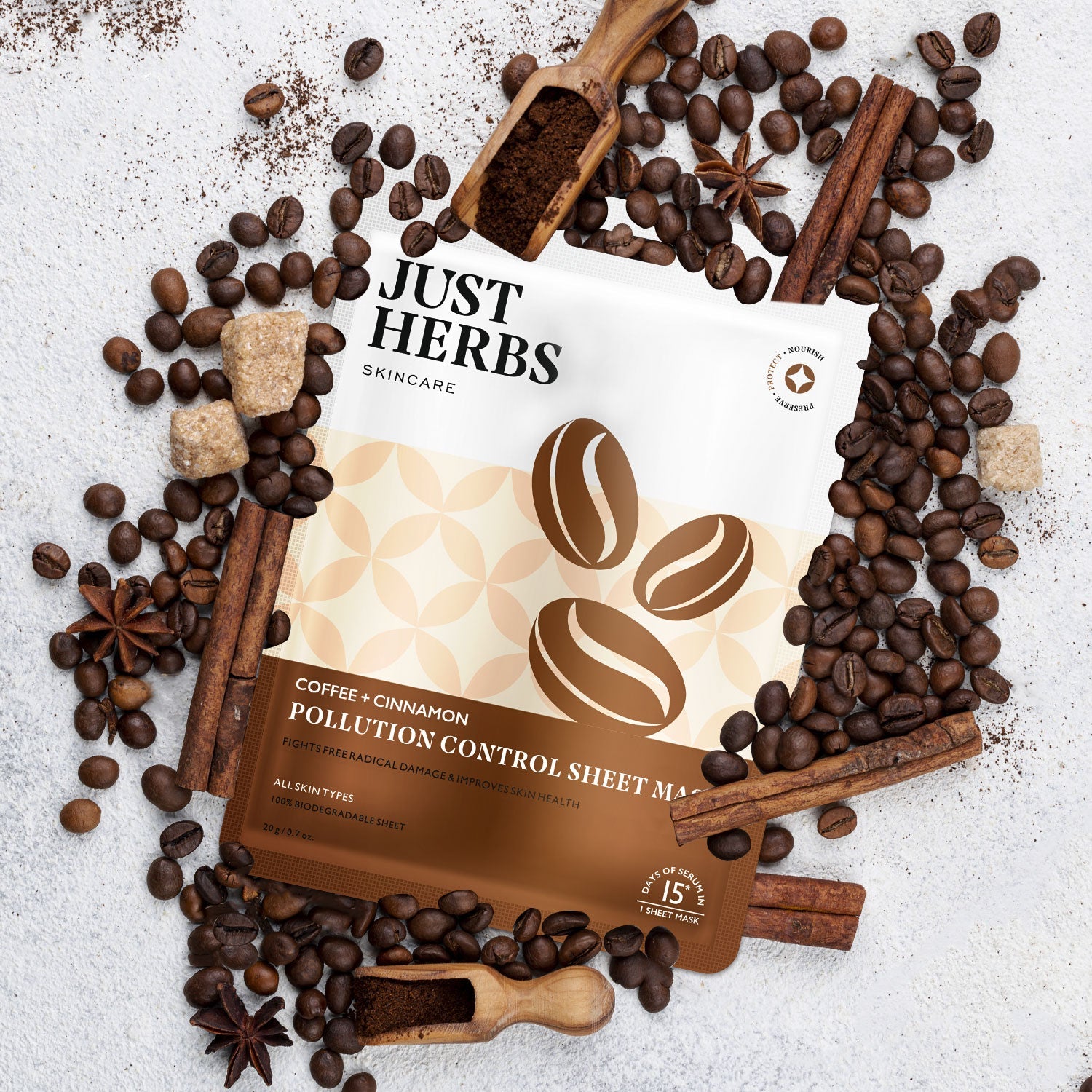 Coffee Sheet Mask with Cinnamon For Pollution Control - Pack of 4
Coffee Sheet Mask with Cinnamon For Pollution Control - Pack of 4