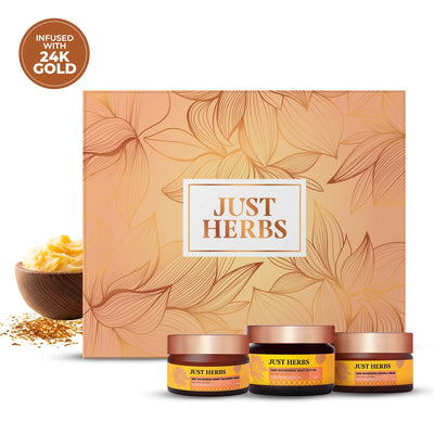 Just Herbs Golden Nourish Gift Set | Gifts for Her | 24K Gold & Pure Ghee Ritual - Set of 3