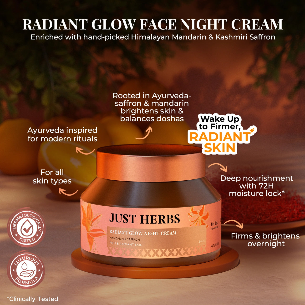 Just Herbs Radiant Glow Face Night Cream with Mandarin & Saffron  - 50ml