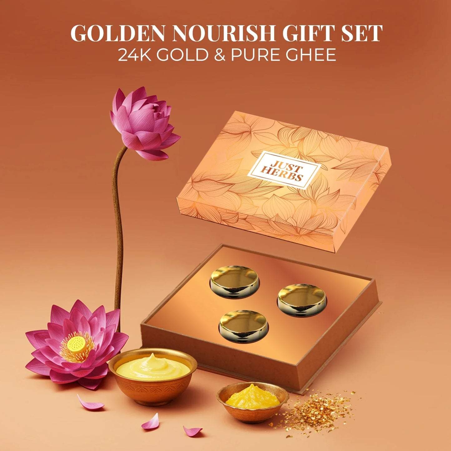 Just Herbs Golden Nourish Gift Set | Gifts for Her | 24K Gold & Pure Ghee Ritual - Set of 3