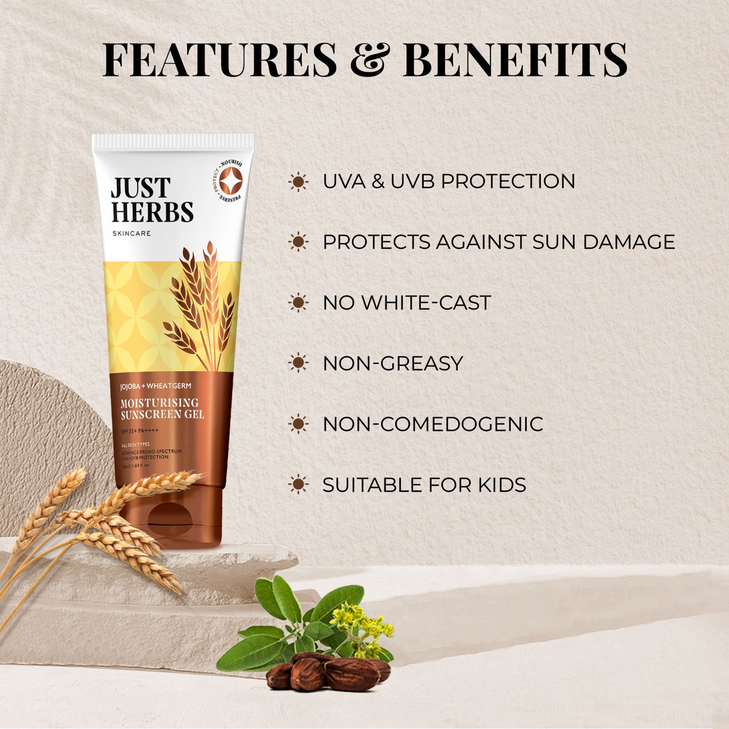 Moisturising Sunscreen Gel with SPF 35+ PA++++ with Jojoba and Wheatgerm