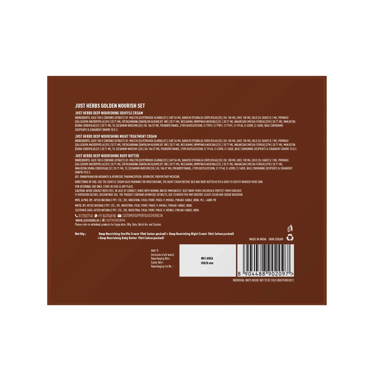 Just Herbs Golden Nourish Gift Set | Gifts for Her | 24K Gold & Pure Ghee Ritual - Set of 3