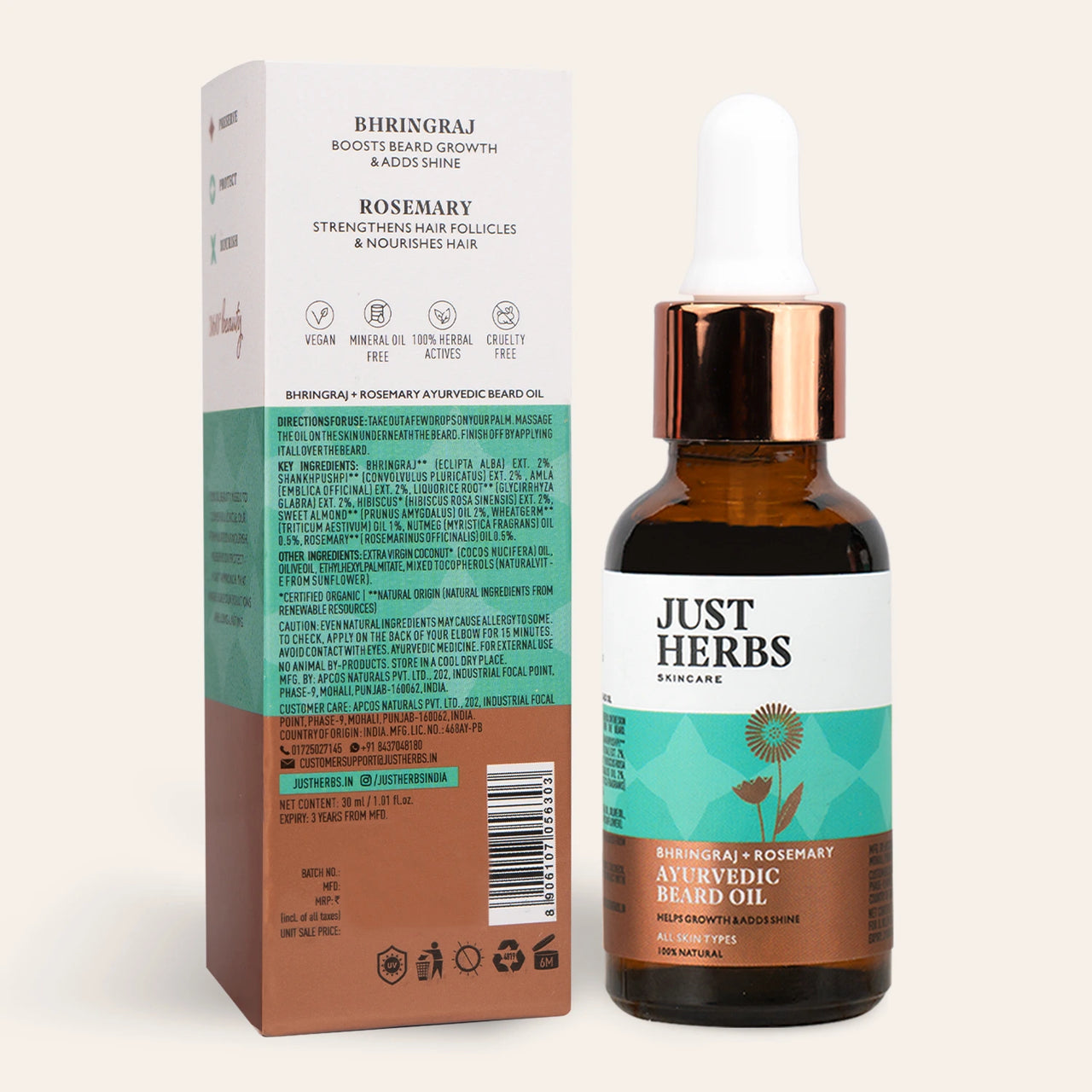 Ayurvedic Beard Oil with Bhringraj & Rosemary: 30 ml