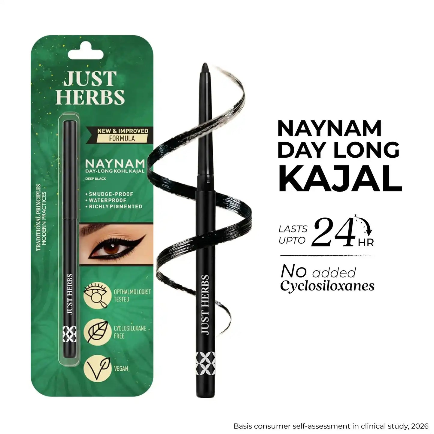 Naynam Day-long Kohl Kajal – Deep Black | Cyclosiloxane-Free
