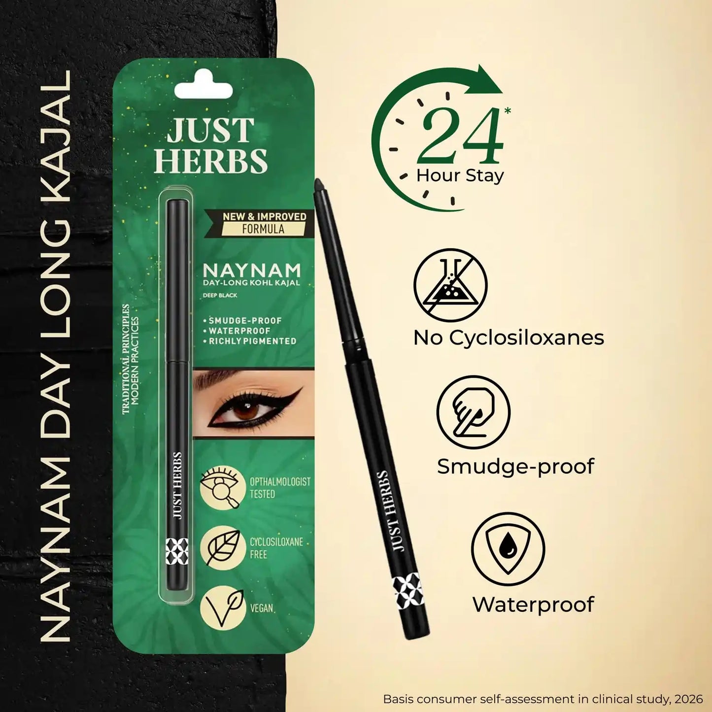 Naynam Day-long Kohl Kajal – Deep Black | Cyclosiloxane-Free