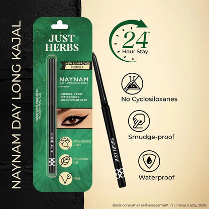 Naynam Day-long Kohl Kajal – Deep Black | Cyclosiloxane-Free
