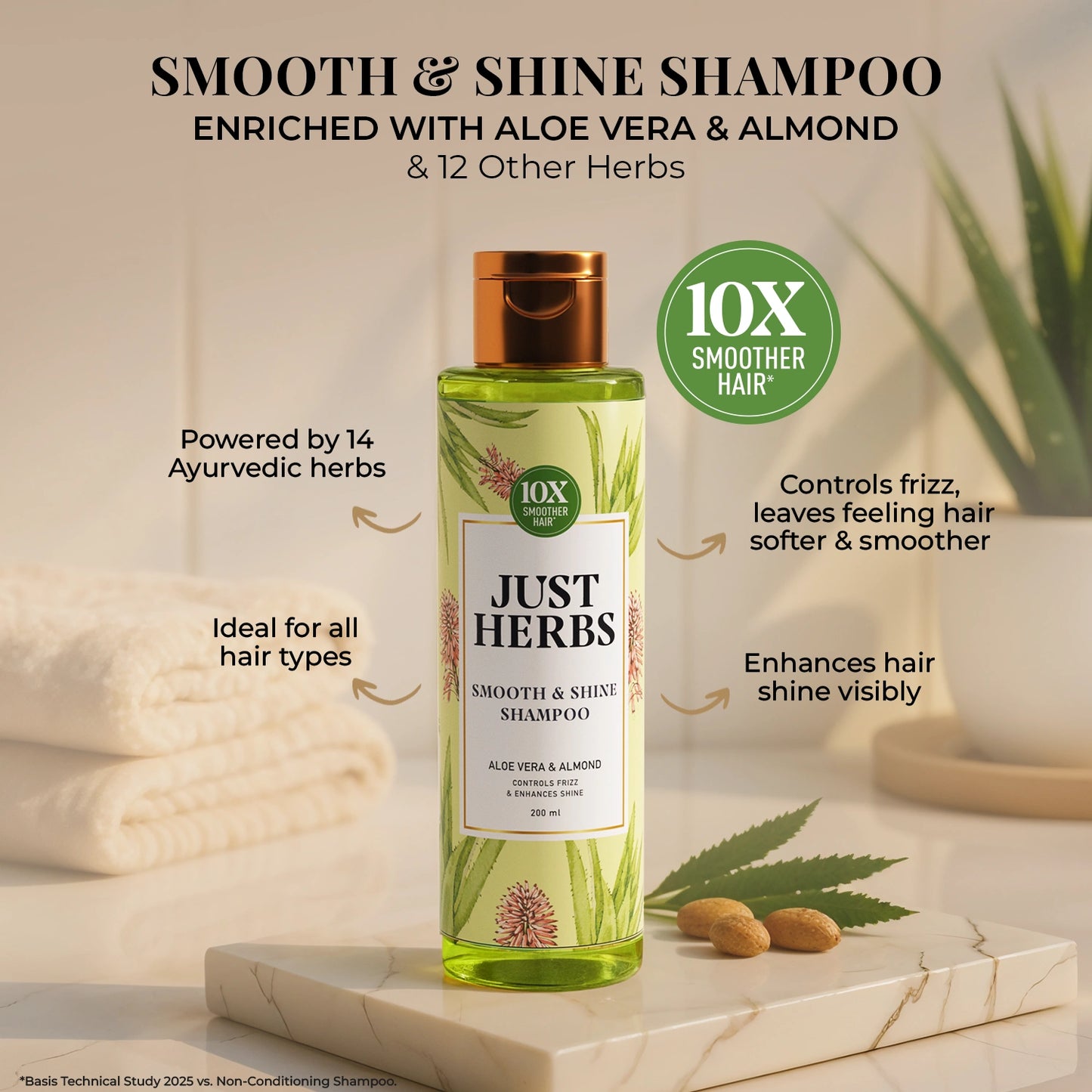 Smooth & Shine Shampoo for Dry and Frizzy Hair| Aloe Vera, Almond, Rice Protein & 12 Herbs