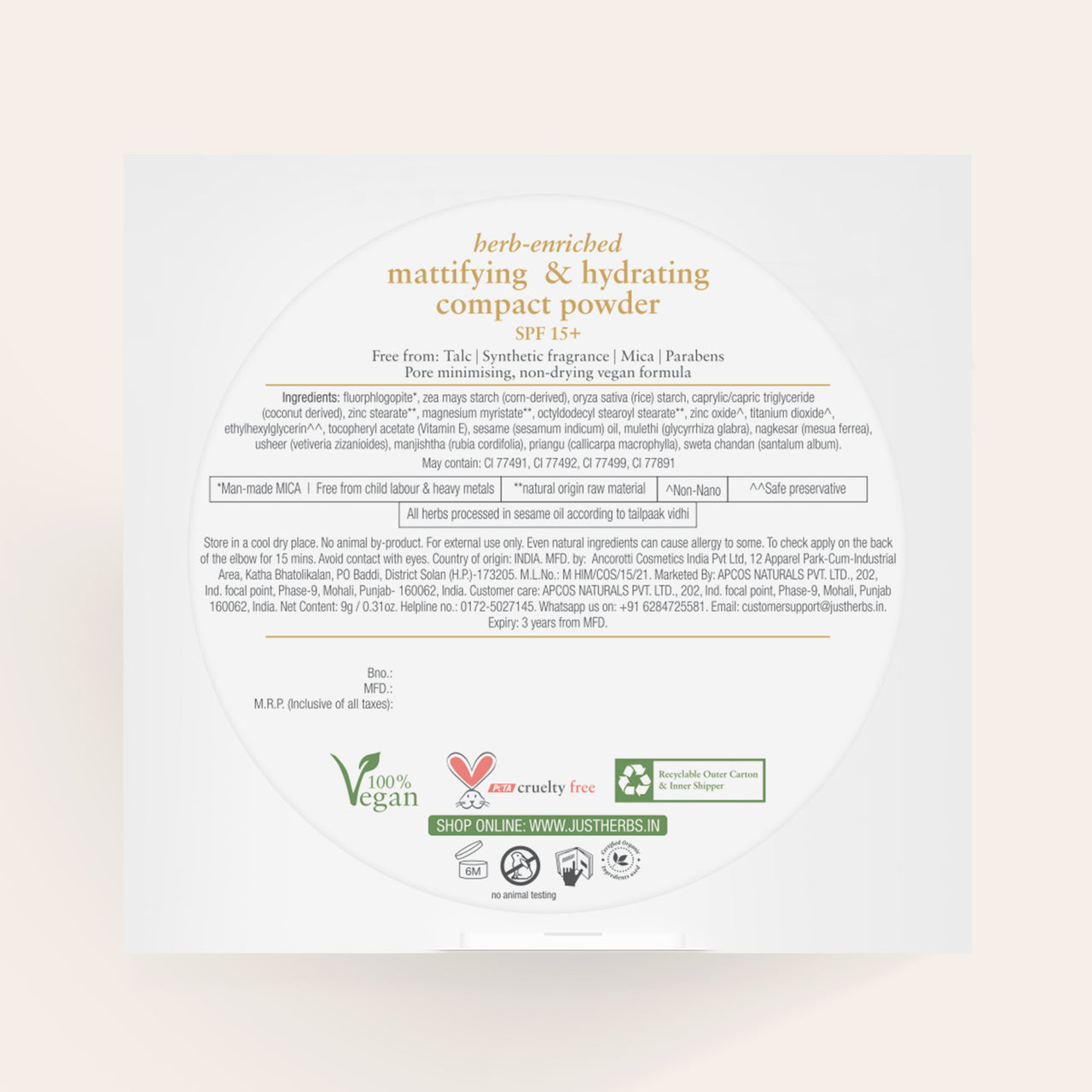 Mattifying and Hydrating SPF 15+ Compact Powder with Rice Starch & Liquorice Root - 9 g
