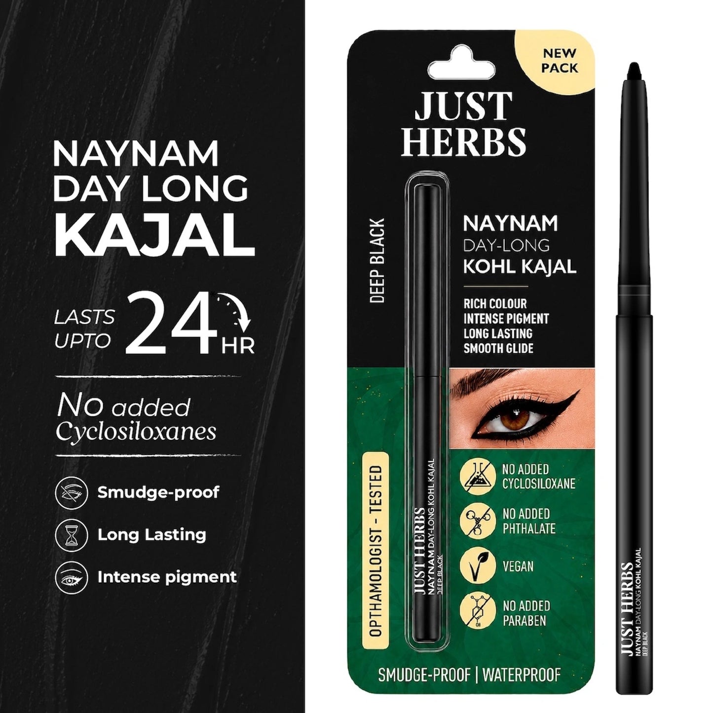 Naynam Day-long Kohl Kajal – Deep Black | Cyclosiloxane-Free