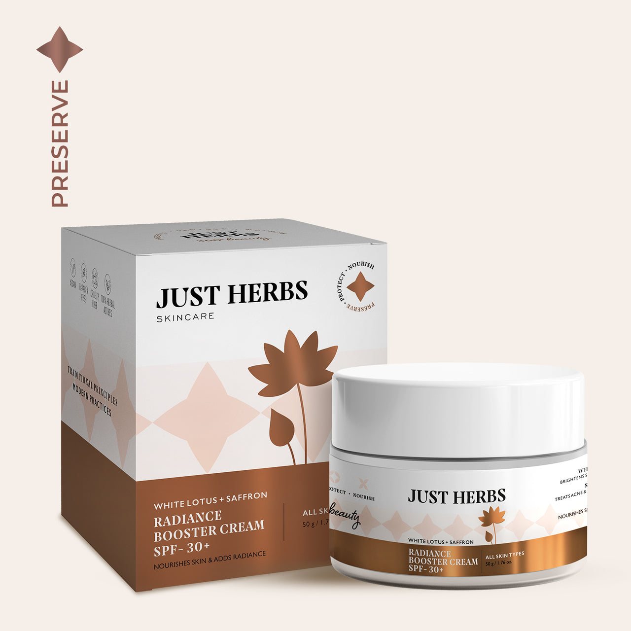 Radiance Booster Cream SPF 30+ with White Lotus and Saffron - Just Herbs