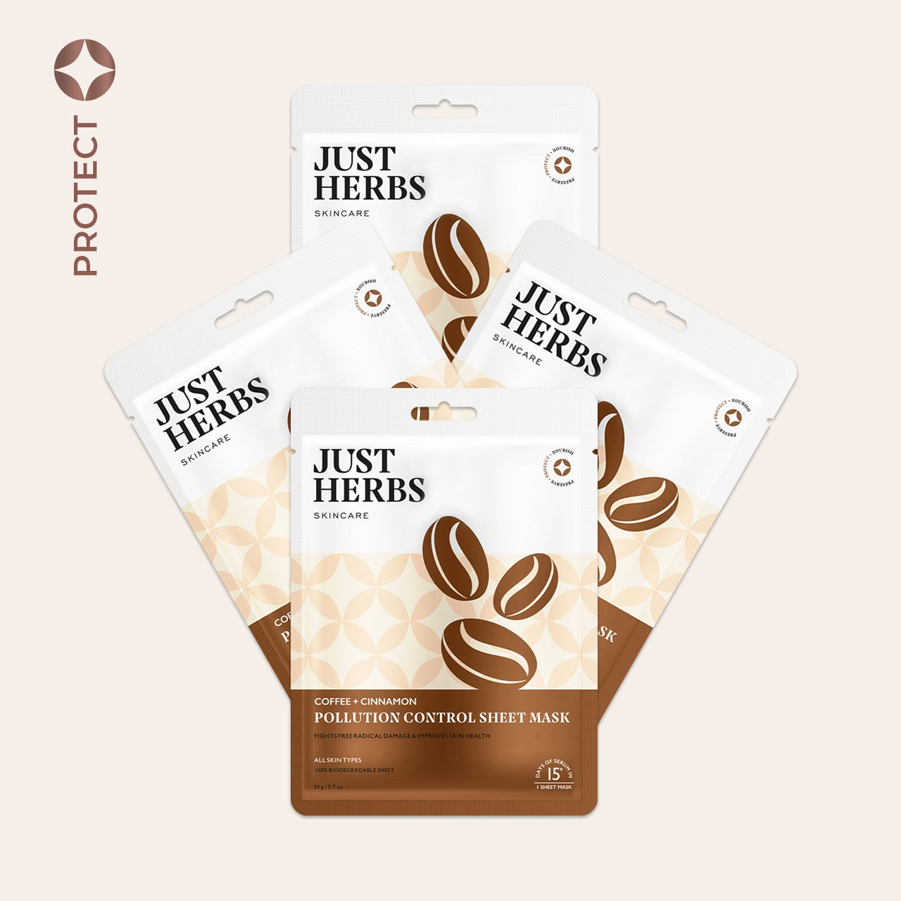 Coffee Sheet Mask with Cinnamon For Pollution Control - Pack of 4